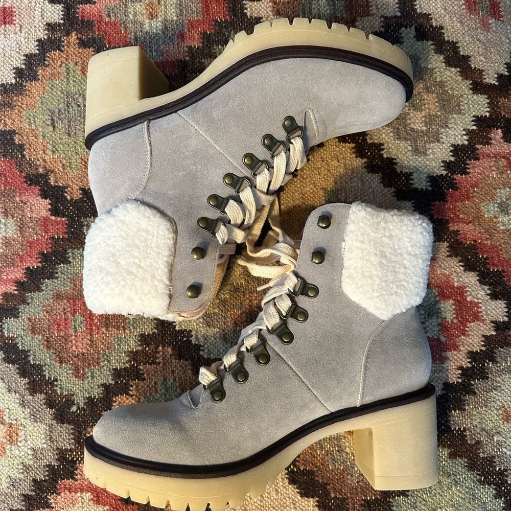 Mi.iM Women's Gray Lace Up Boots with Cream Details